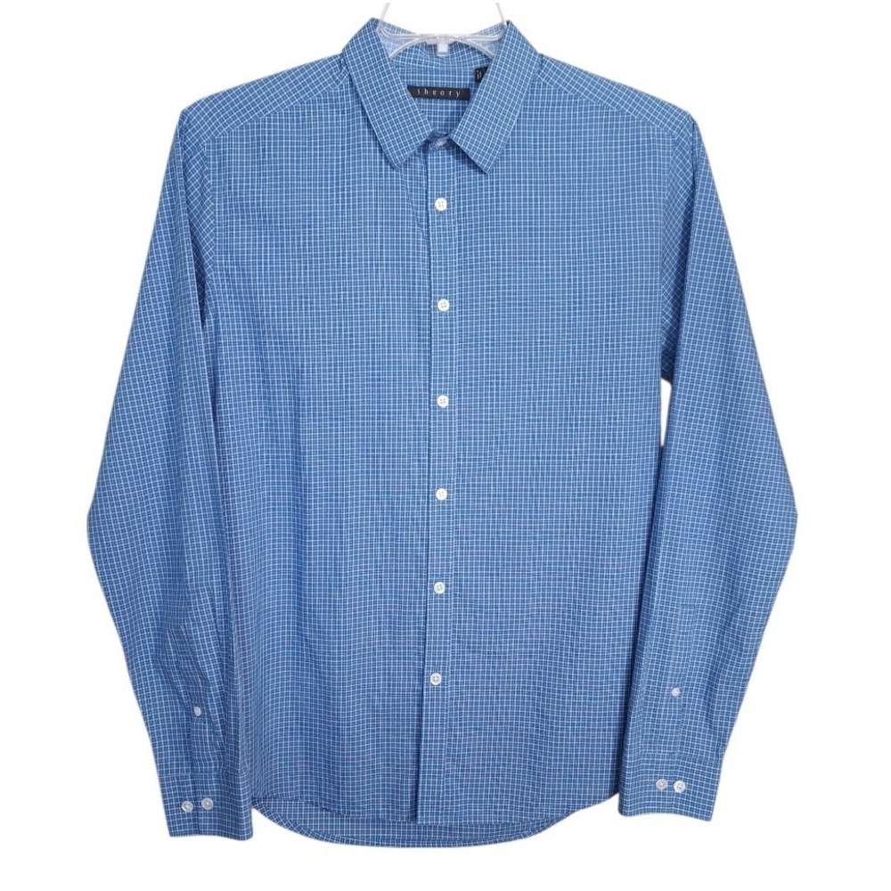Theory Men's Collared Button Shirt Blue M Long Sleeves Plaid Button Cotton
